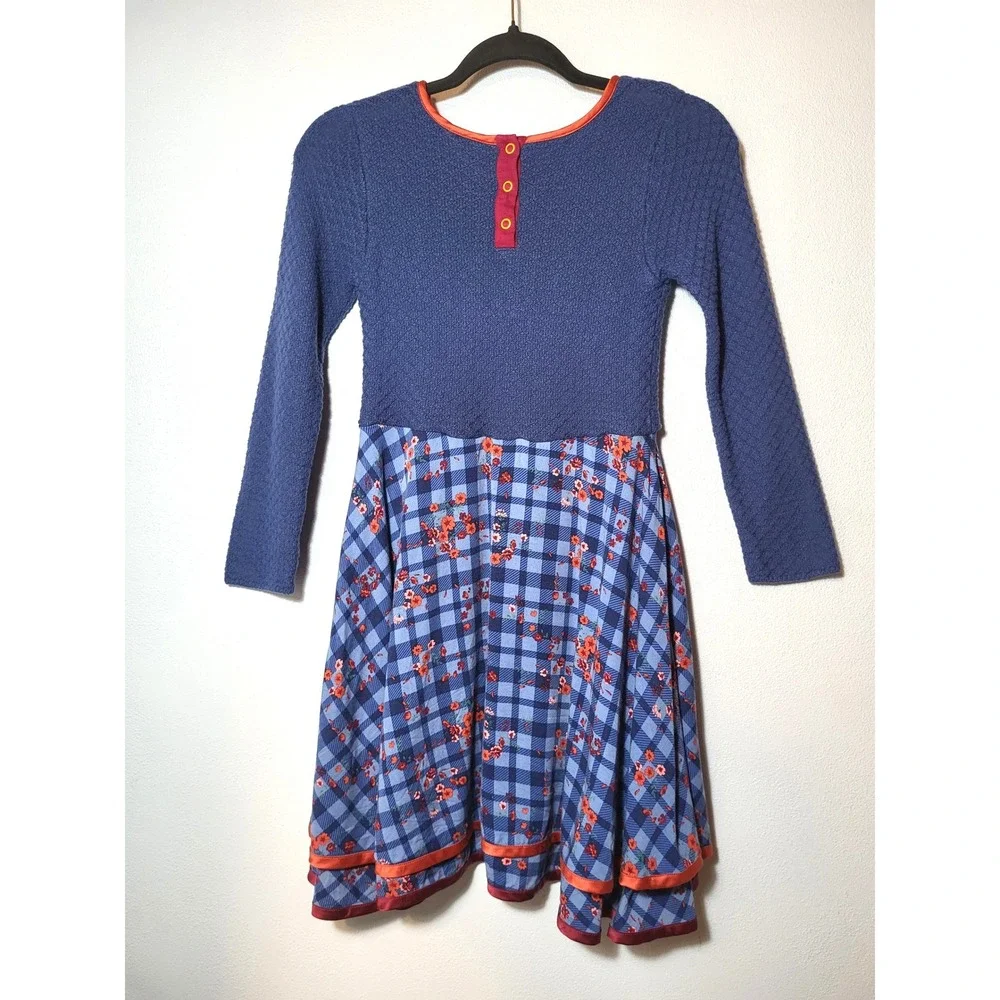 Wild Flowers Girls Blue Textured Knit Plaid Floral Mixed Media Dress Size 14